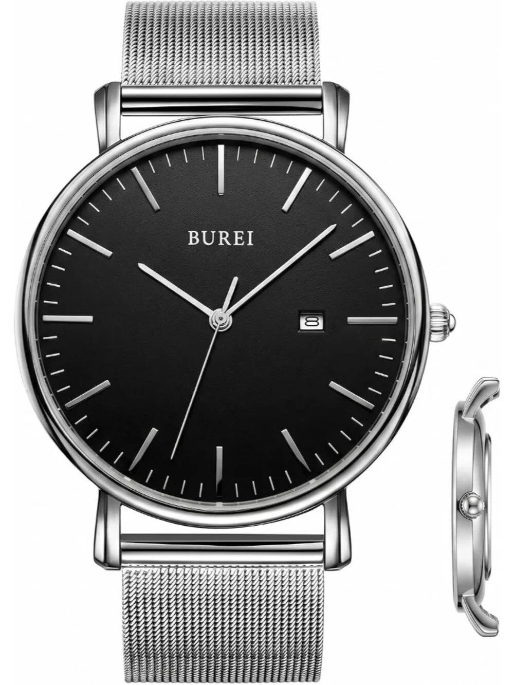 Men's Silver Black Stainless Steel Mesh Band Minimalist Analog Waterproof Watch